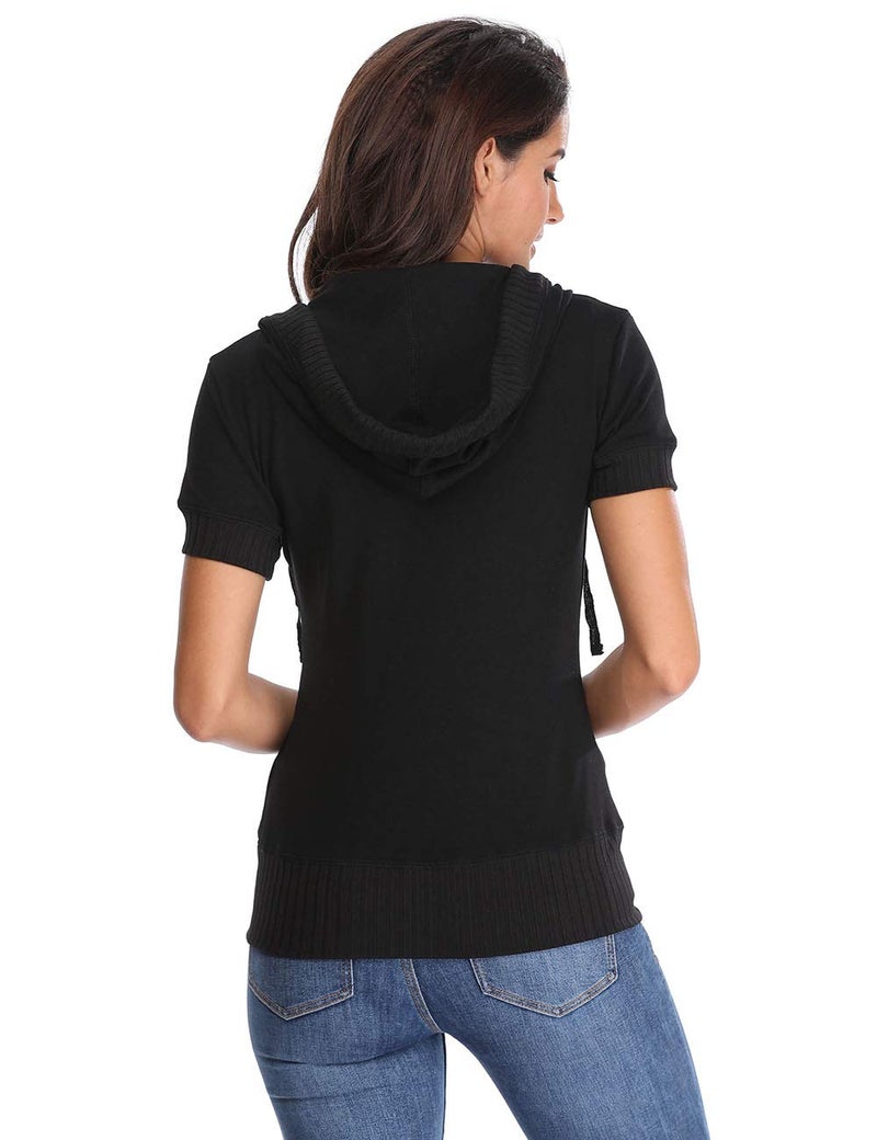 MISS MOLY Women's Short Sleeve Hoodie Full Zip Up Cotton Slim Fit Sweatshirt Kanga Pocket Black XL - Image 3